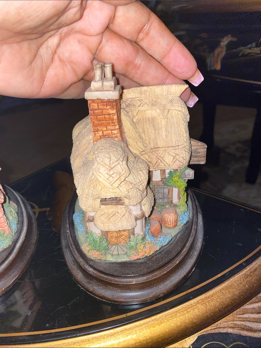 Vintage Hand-Painted Ceramic Cottage Dome Decor in Tan and Green Pair of 2 - Picture 11 of 11